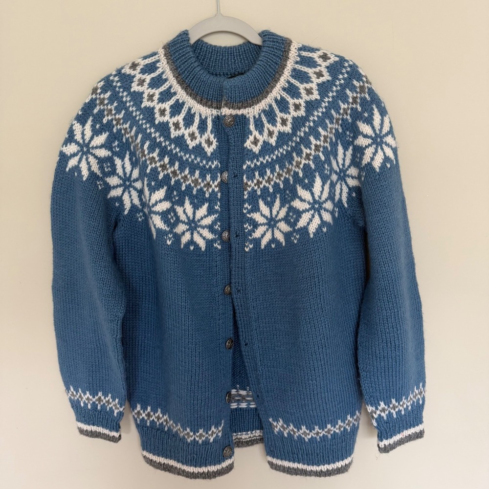 Dale of Norway Pure New Wool Fair Isle Cardigan Sweater L (52) Blue/Cream/Gray